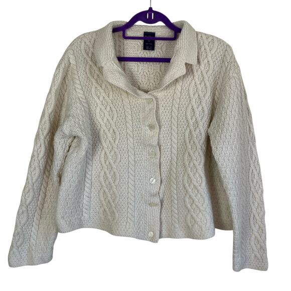 Paul James Sweaters - Paul James Sz L 100% Wool Chunky Cable Knit Cardigan Cream Fisherman Shrunken